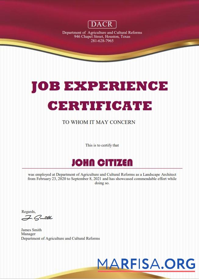 Printable USA Job experience cert sample